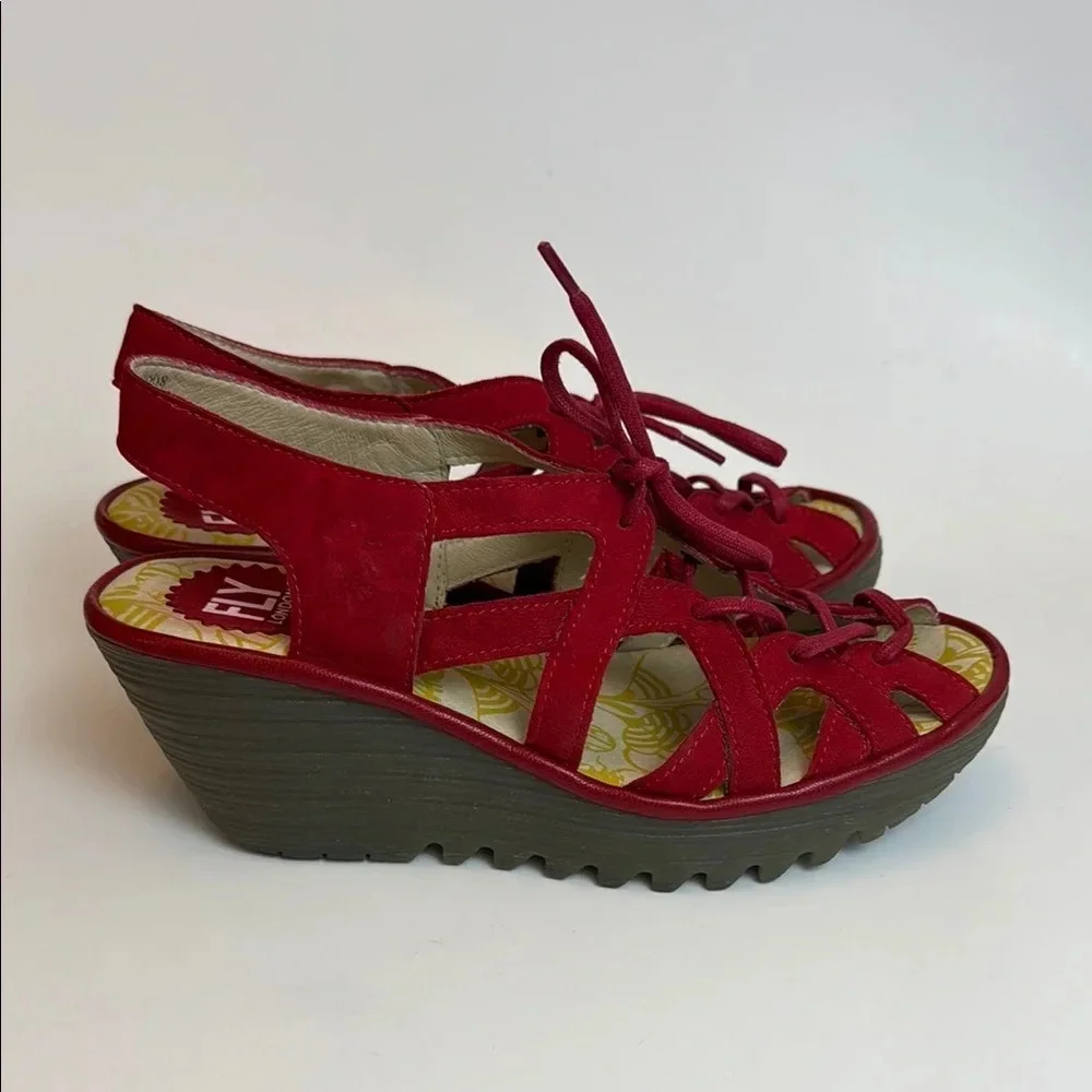 Fly London Red Strappy Wedge Sandals‎ with Gladiator Style Size 37